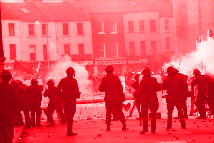 Soldiers confronting rioters