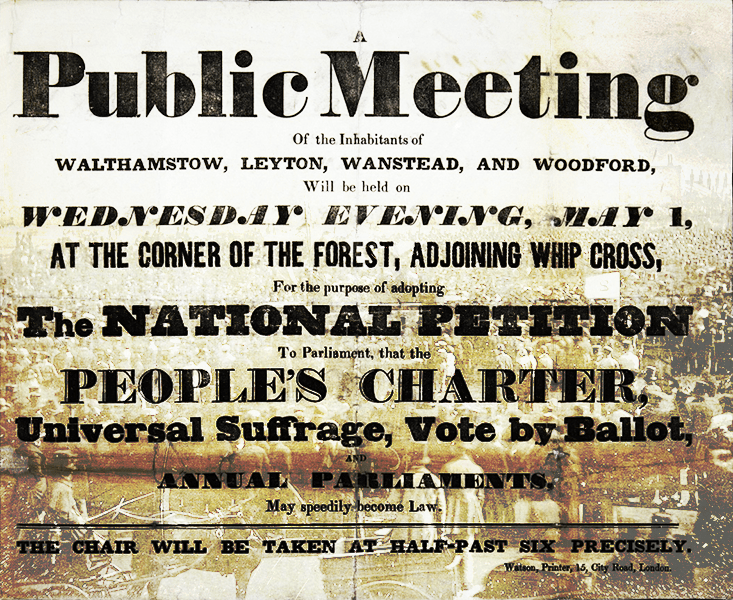 Chartist poster overlaying 1848 Kennington Common meeting